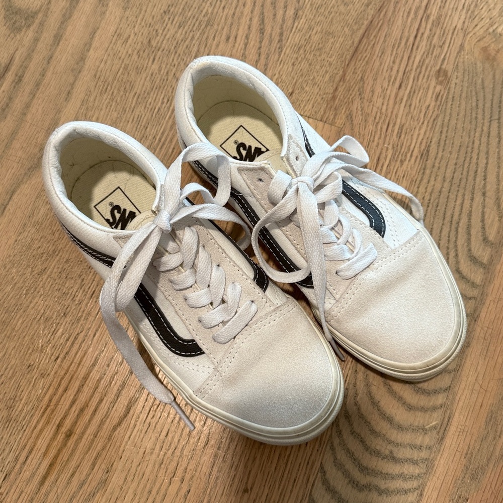 Never worn - boys size 2 Vans Cream, White, and Black Sneakers